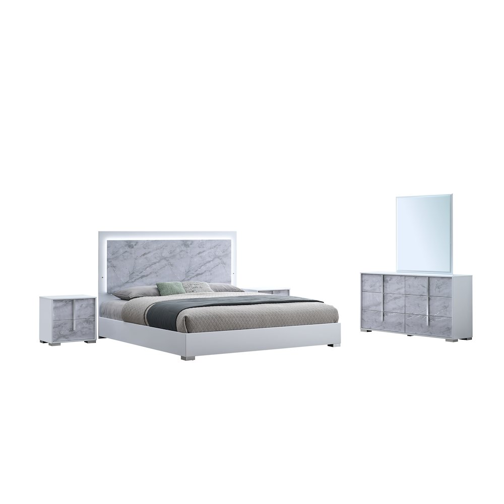 5-PC Cal King Set, LED Bed with Side Buttons, Dresser, Mirror, 2 Nightstands