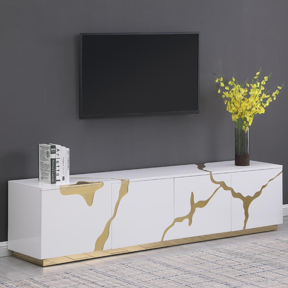 Ronnie White Lacquer T.V Stand with Gold Accents