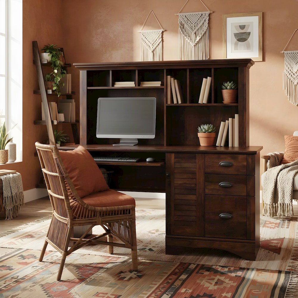 Brown Coastal Cottage Desk with Hutch and Rectangle Shape