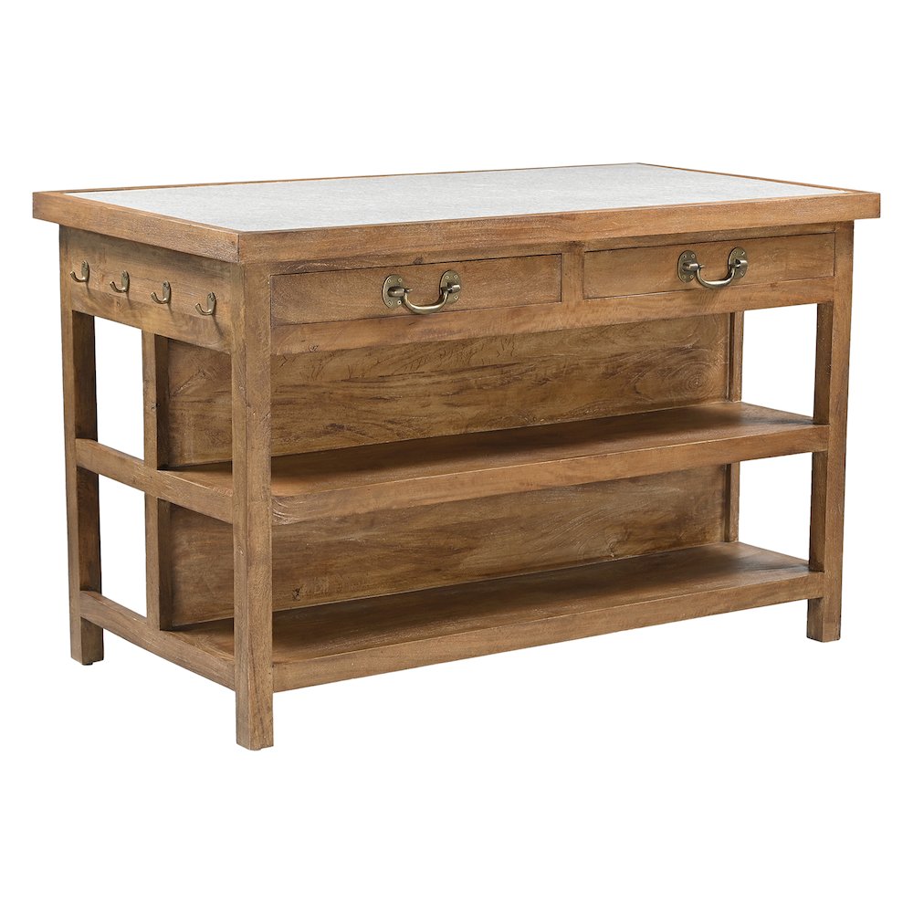 Delmar 58" Kitchen Island Table with White Marble Top and Natural Mango Base