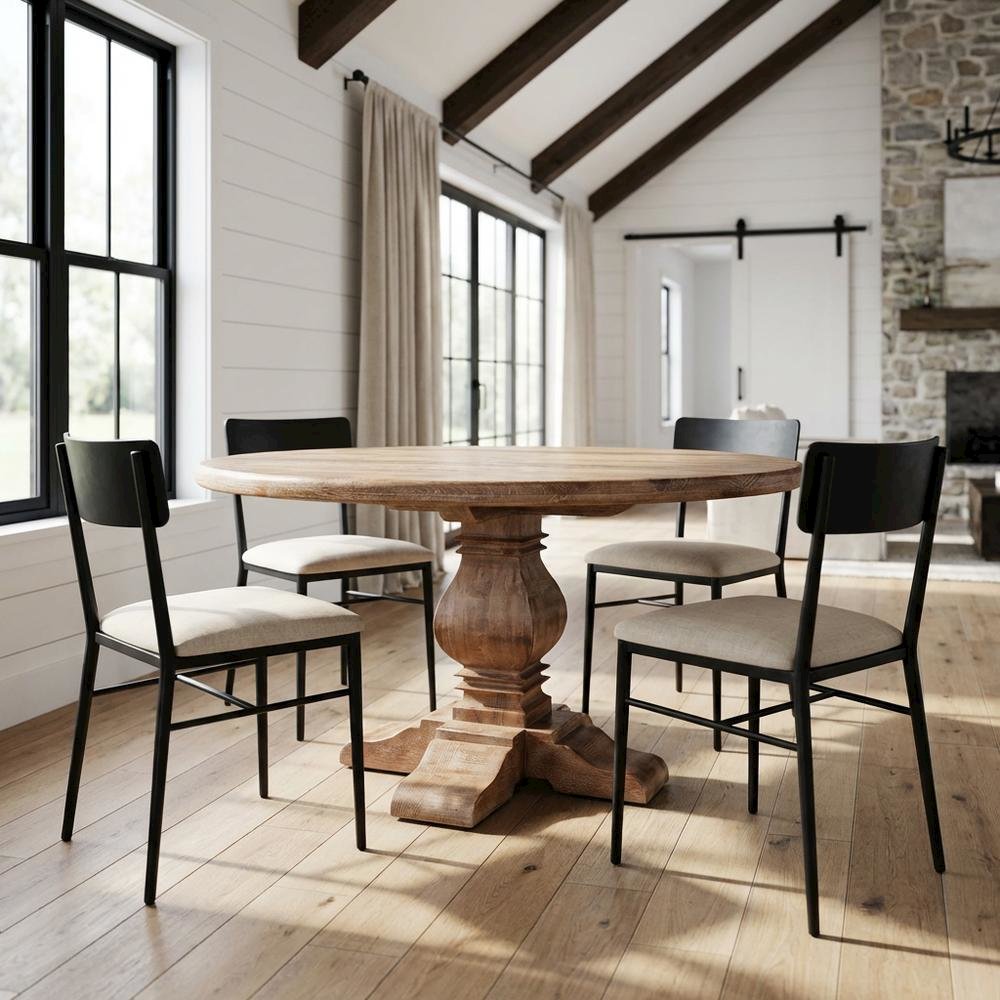 49 Inch Round Dining Table with Solid Wood Top, Dining Room Table, Antique Oak