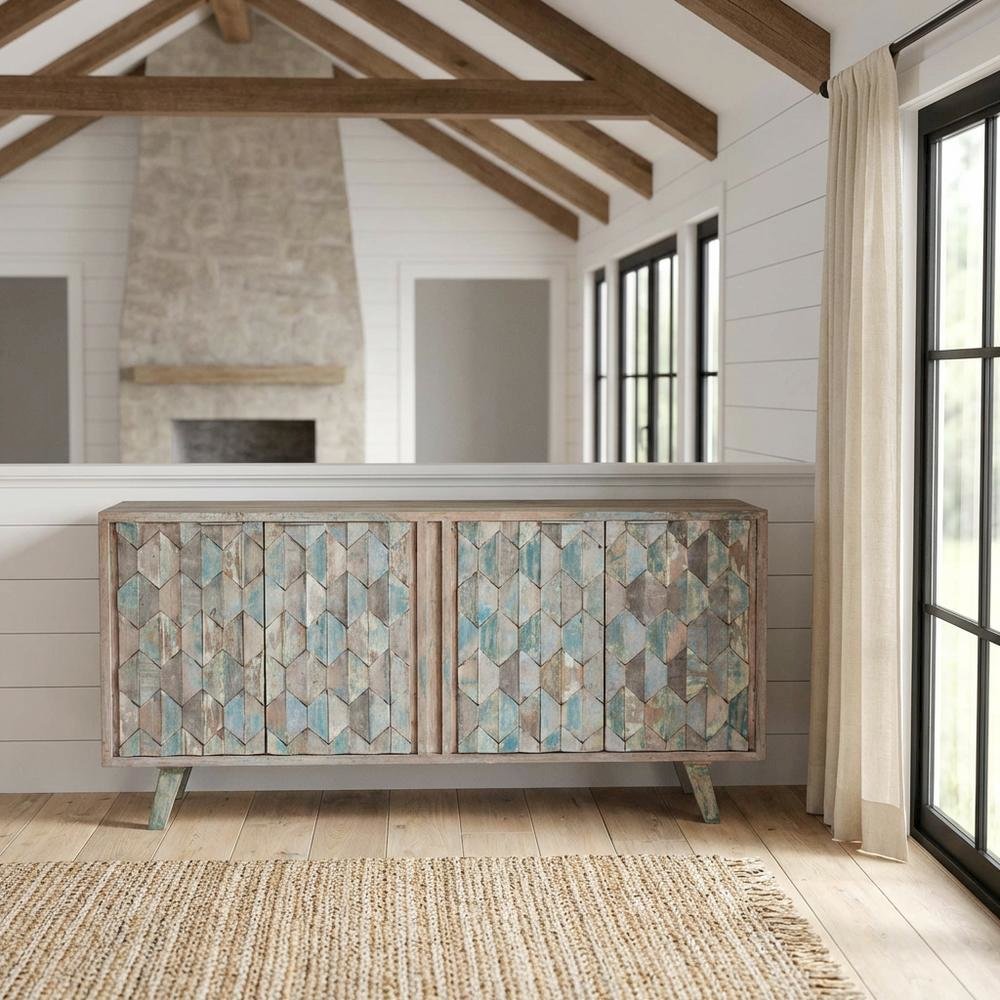 Hexagonal Wood Sideboard with 2 Shelves, Vintage Teal TV Stand for Living Room
