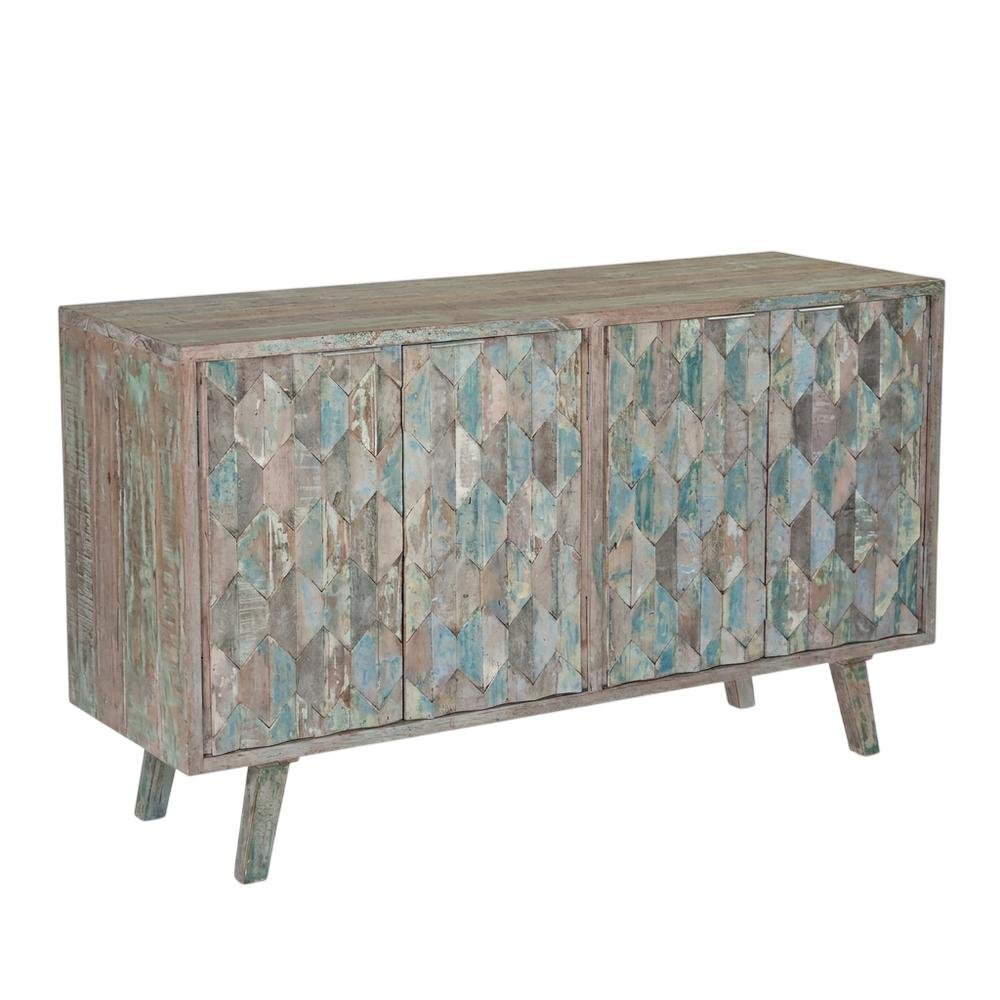 Hexagonal Wood Sideboard with 2 Shelves, Vintage Teal TV Stand for Living Room
