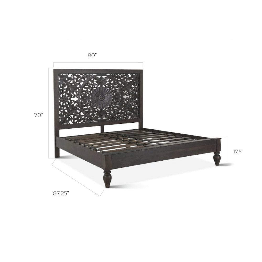 Haveli Carved King Bed in Vintage Brown