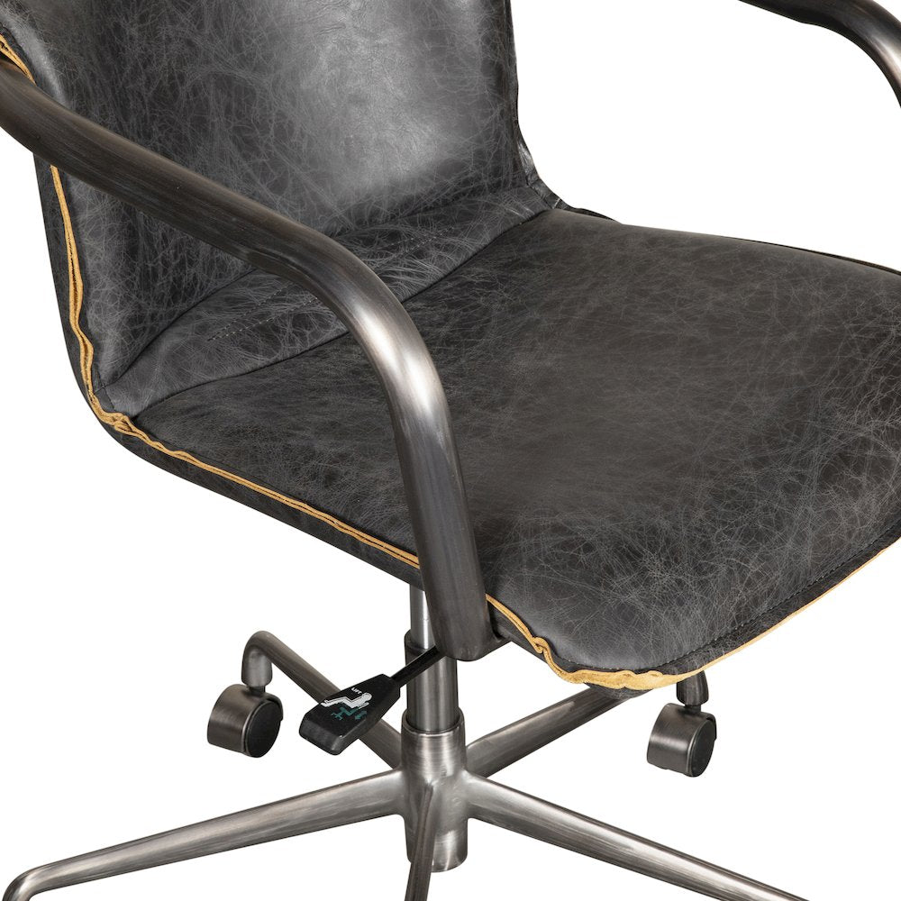 Chiavari Swivel Office Chair in Antique Ebony Leather and Antique Zinc