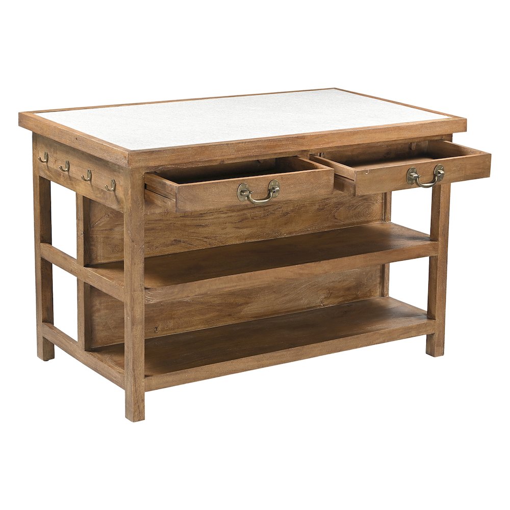 Delmar 58" Kitchen Island Table with White Marble Top and Natural Mango Base