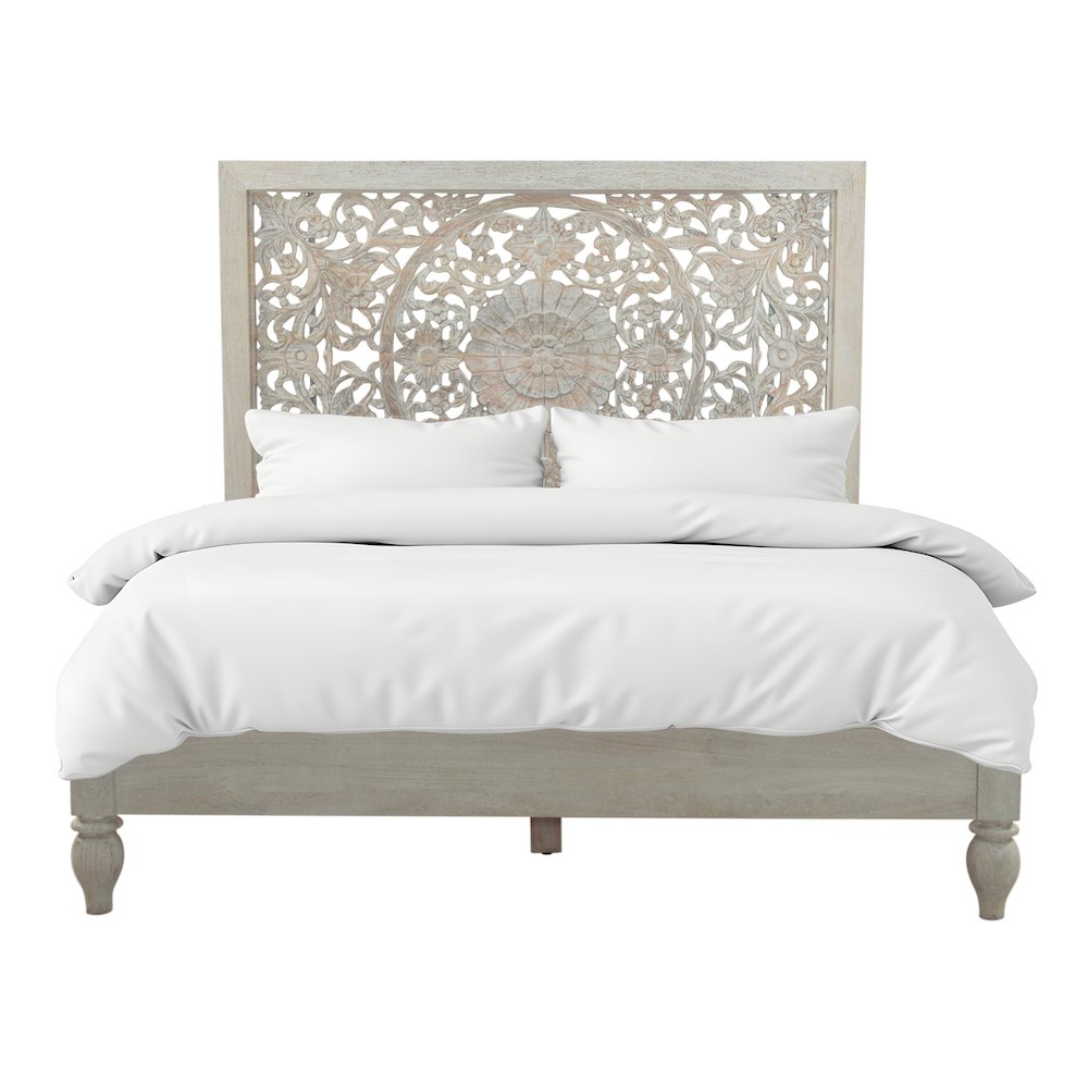 Haveli Queen Bed in Hand Carved Heirloom White