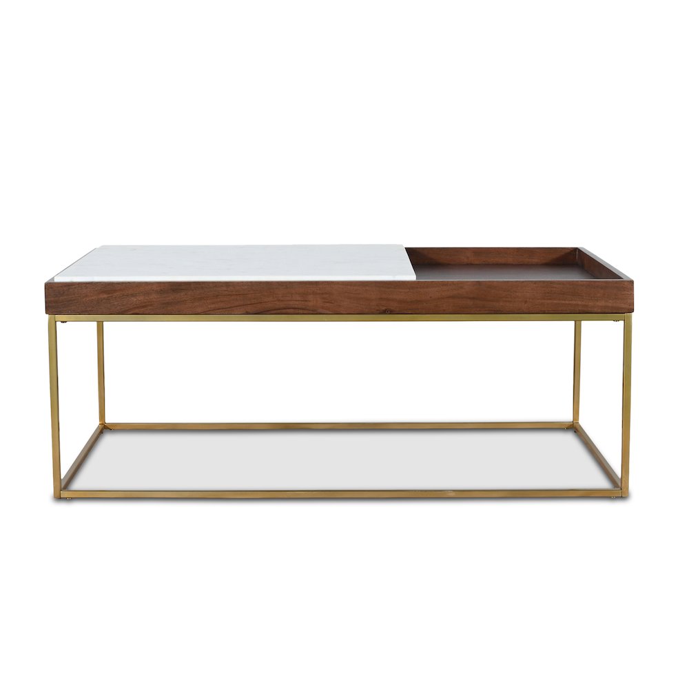 Aurora 45" Coffee Table in White Marble and Mango Wood with Walnut Finish