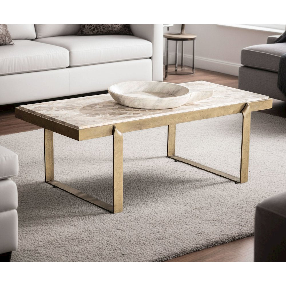 Rhodes 49" Coffee Table with Capri Beige Marble Top and Antique Brass Base