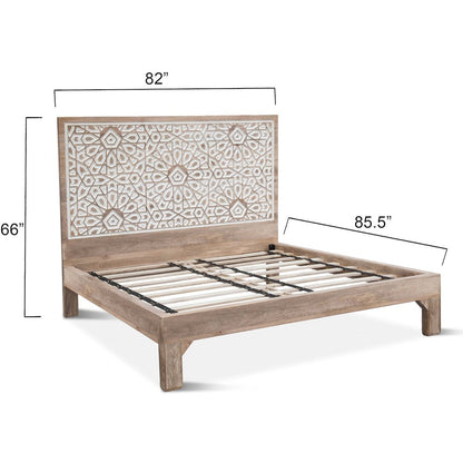Haveli Geometric Carved King Bed in Natural White