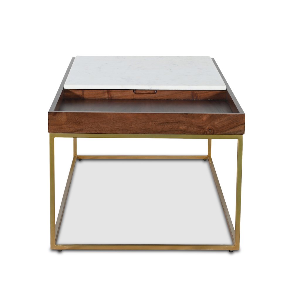 Aurora 45" Coffee Table in White Marble and Mango Wood with Walnut Finish