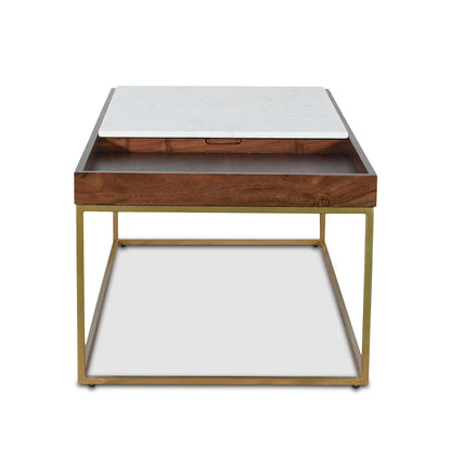 Aurora 45" Coffee Table in White Marble and Mango Wood with Walnut Finish