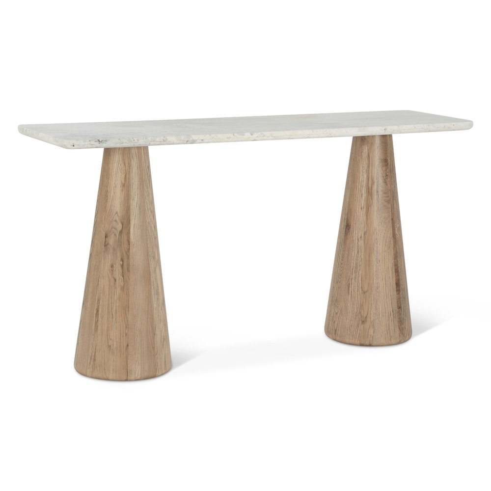Caldera Console Table with White Travertine and Light Oak Base