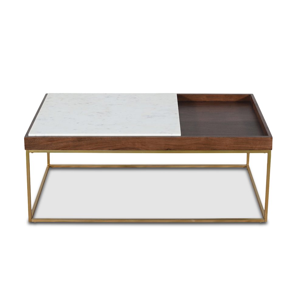 Aurora 45" Coffee Table in White Marble and Mango Wood with Walnut Finish