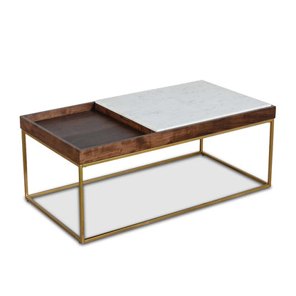 Aurora 45" Coffee Table in White Marble and Mango Wood with Walnut Finish