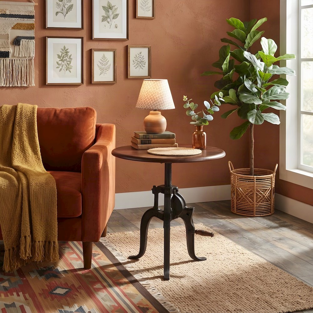 Acacia Wood Crank Height-Adjustable Side Table, Small End Table, Brown