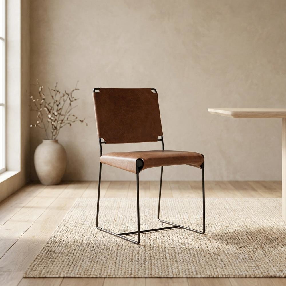 Top-Grain Leather Dining Chair with Reclaimed Iron Legs for Kitchen Table, Brown