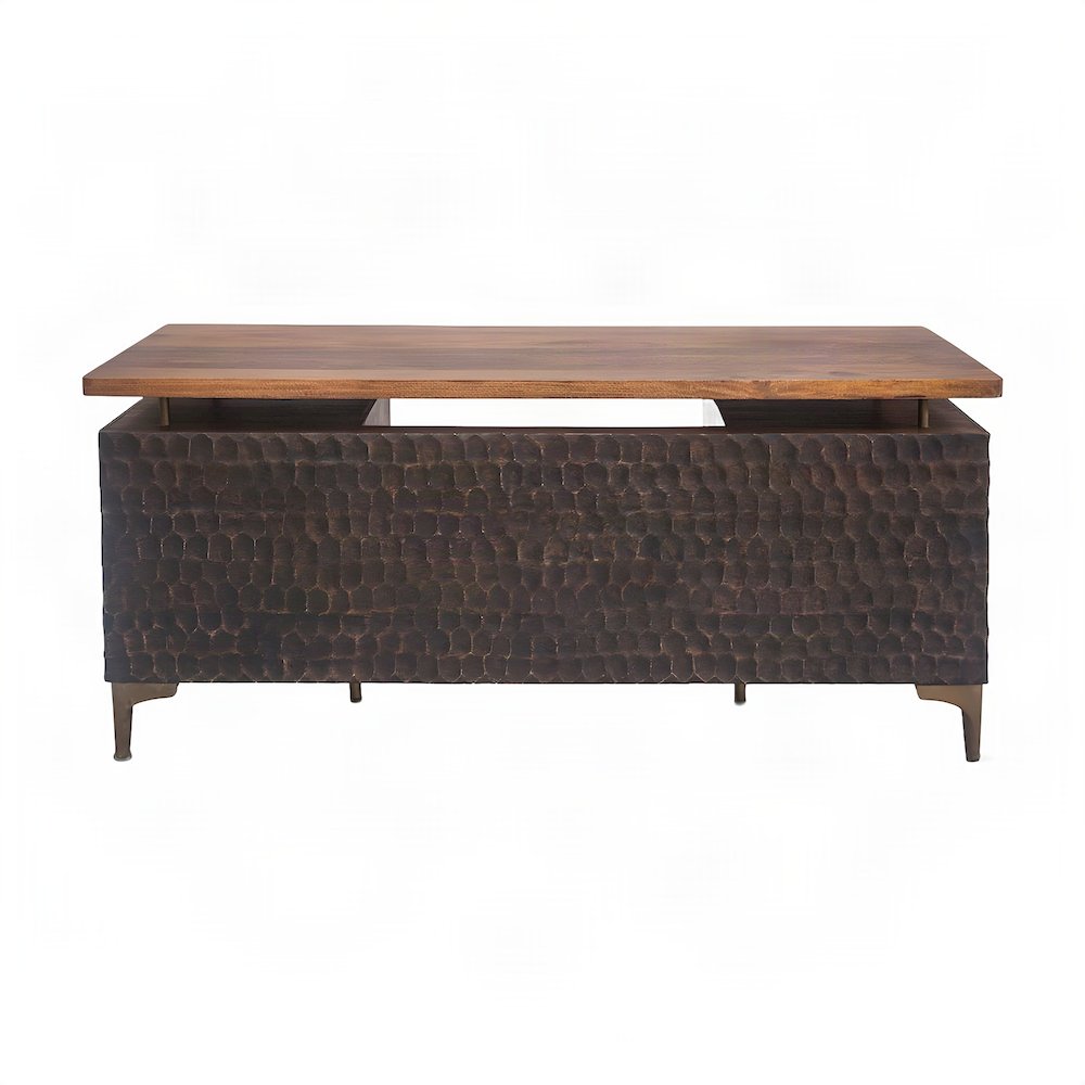 Mango Wood Computer Desk with Two Drawers, Shelf, and Cast Aluminum, Brown