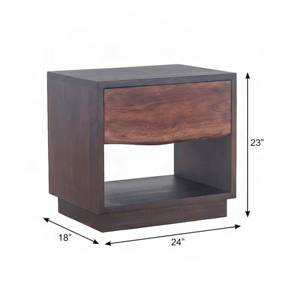 Acacia Wood Nightstand Chest with Open Shelf, Drawer, Iron Frame, Brown