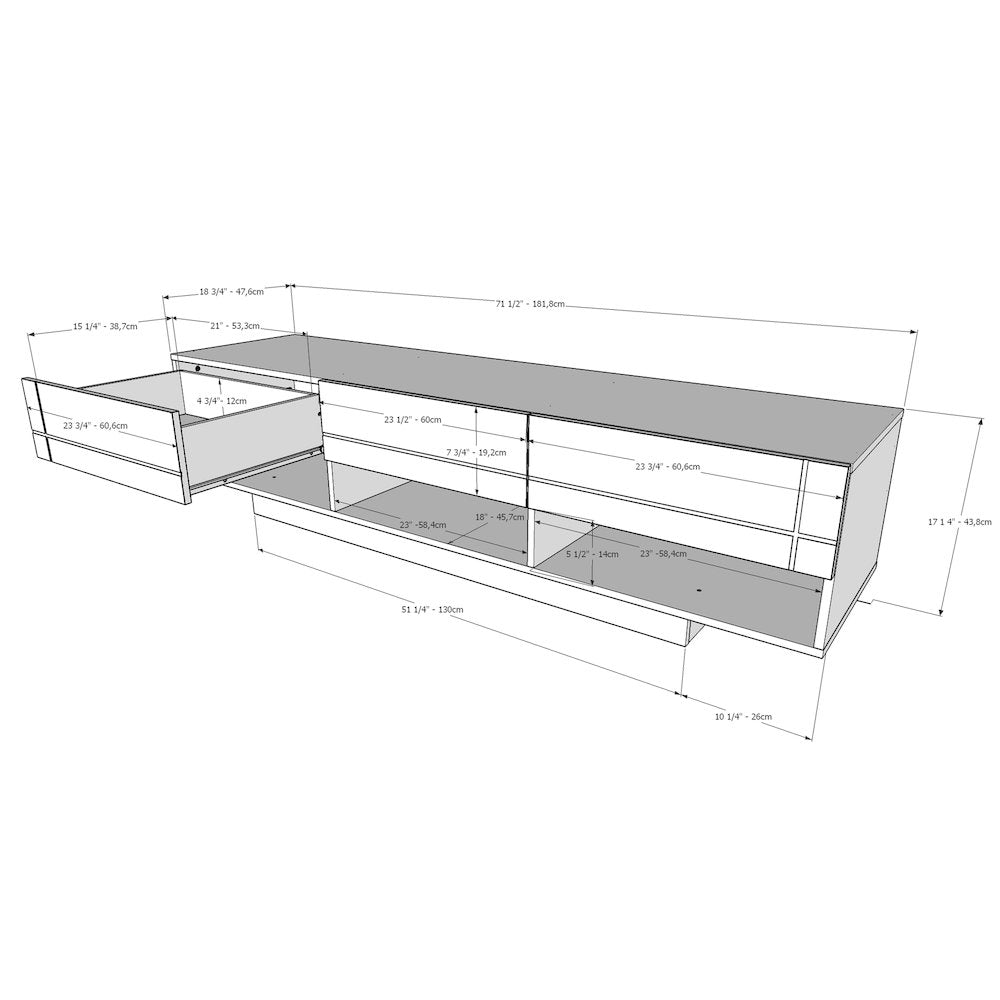 72-Inch Tv Stand With 3-Drawers In Black
