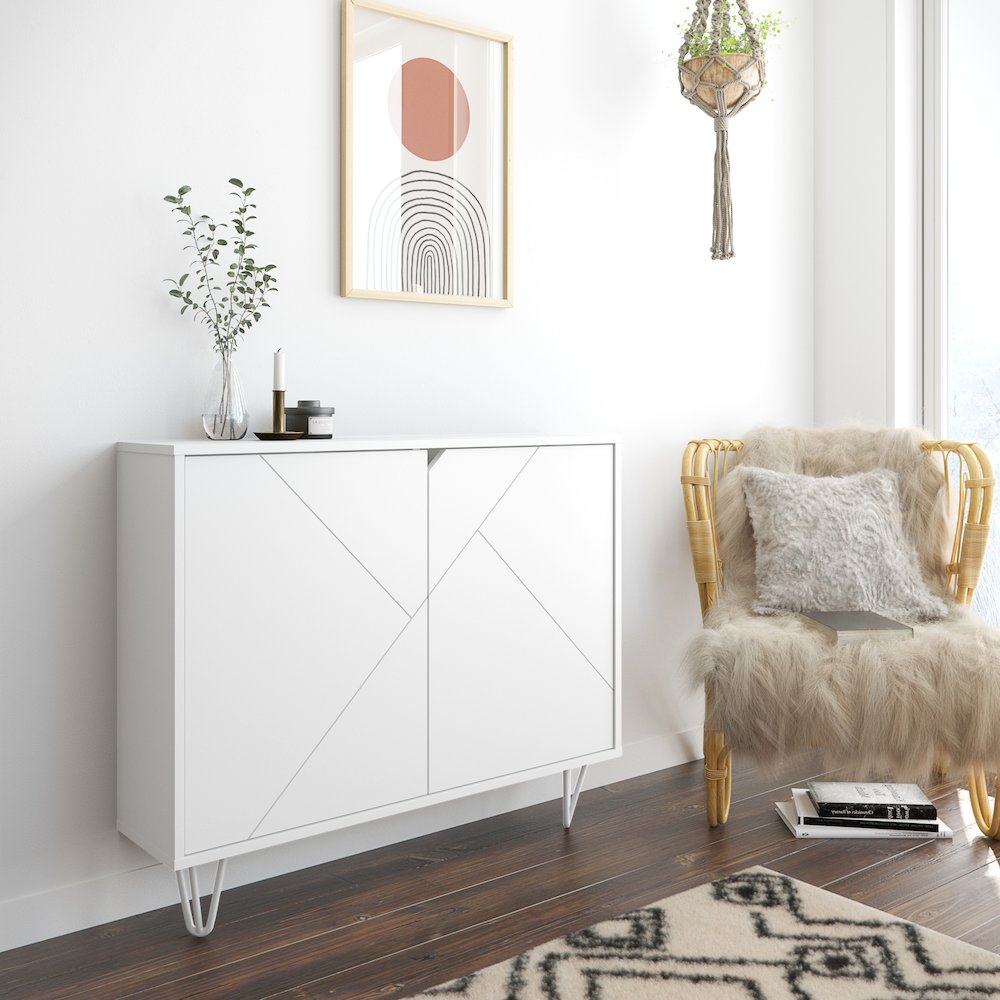 Slim 2-Door Storage Accent Cabinet, Floating And Wall Mount Bar In White