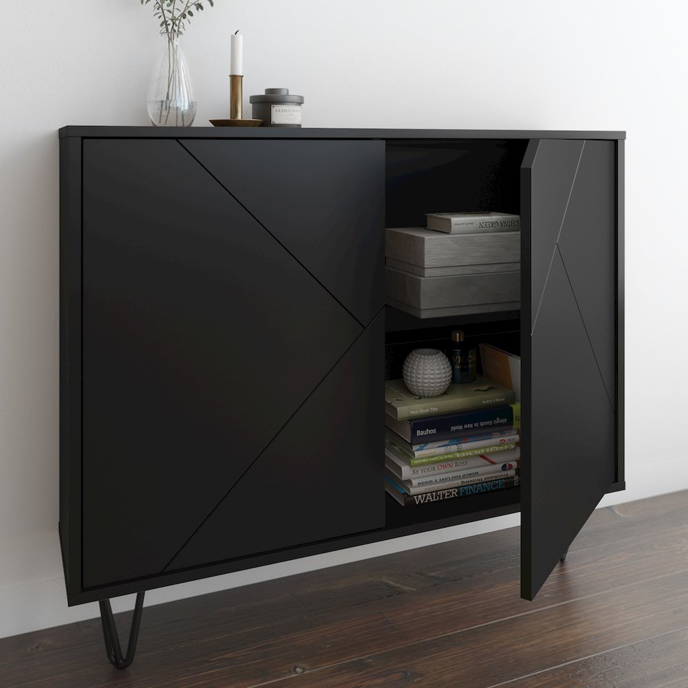 Slim 2-Door Storage Accent Cabinet, Floating And Wall Mount Bar, Black