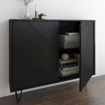 Slim 2-Door Storage Accent Cabinet, Floating And Wall Mount Bar, Black
