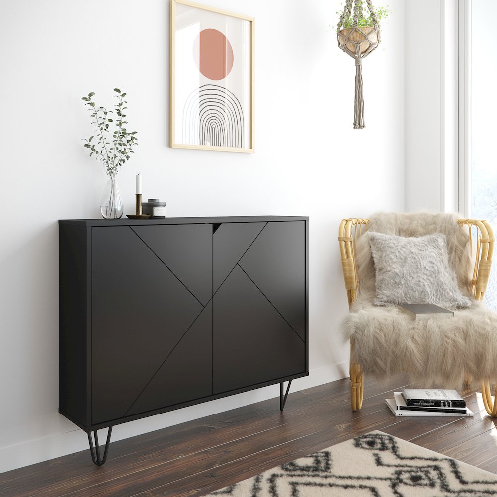 Slim 2-Door Storage Accent Cabinet, Floating And Wall Mount Bar, Black