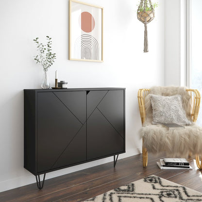 Slim 2-Door Storage Accent Cabinet, Floating And Wall Mount Bar, Black