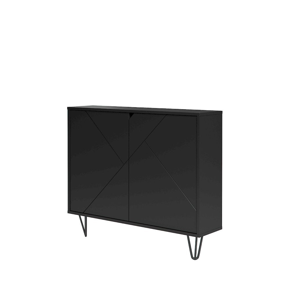 Slim 2-Door Storage Accent Cabinet, Floating And Wall Mount Bar, Black