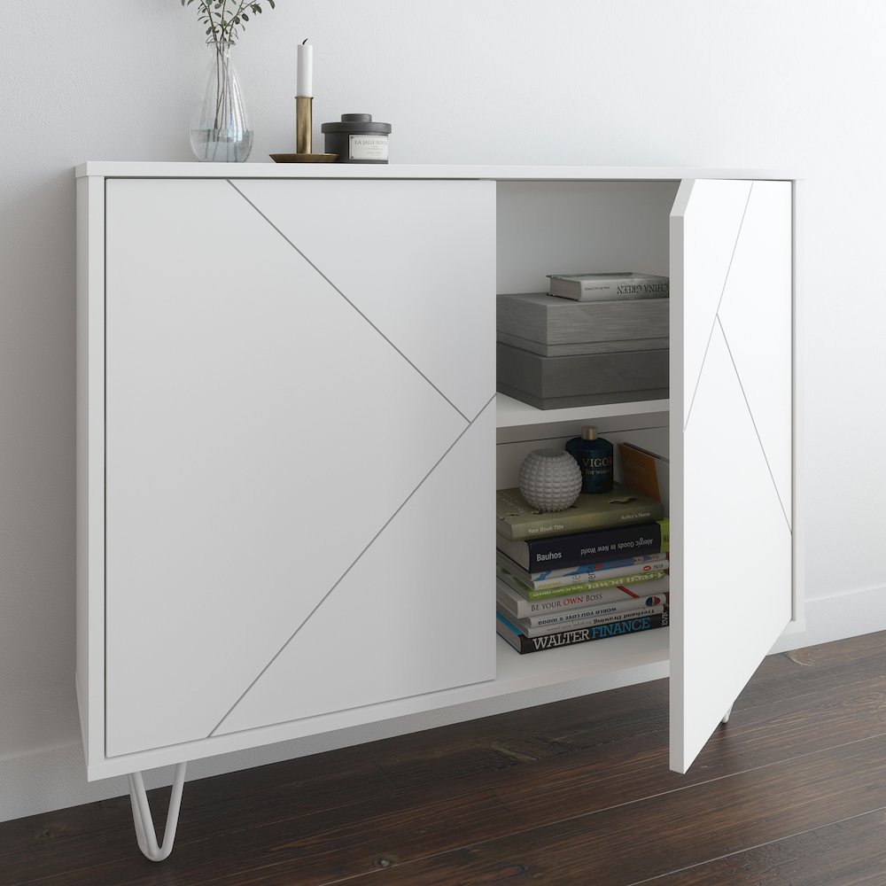 Slim 2-Door Storage Accent Cabinet, Floating And Wall Mount Bar In White