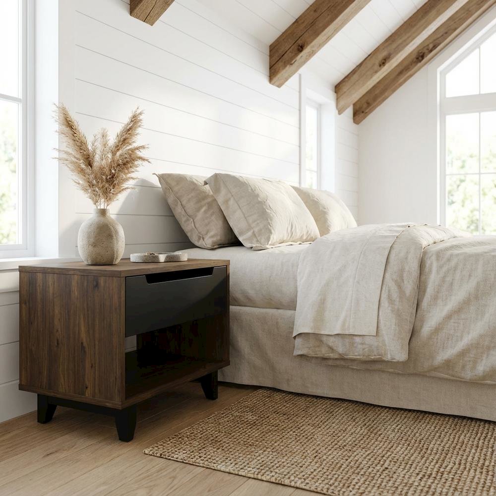 Black Nightstand with Folding Door and Rustic Style, Matte Black Lacquer Finish