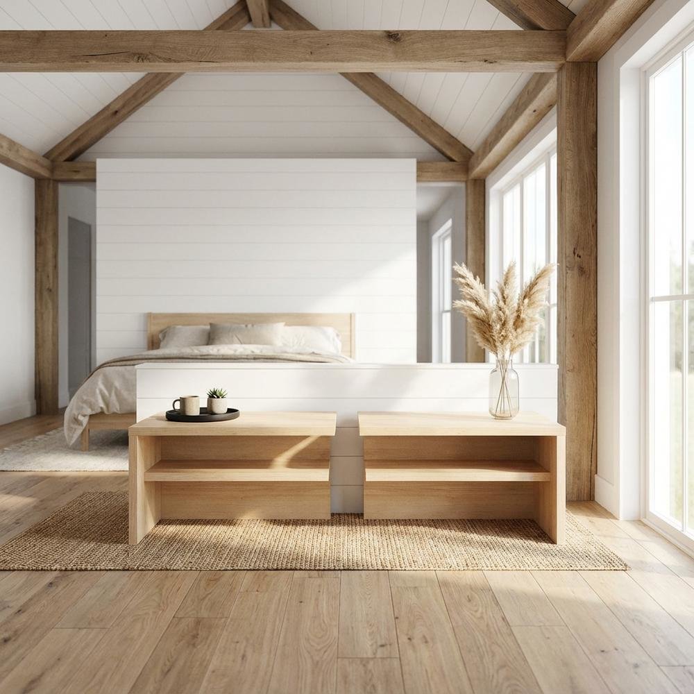 Blonde Oak Nightstands, Set of 2 with Modern Design