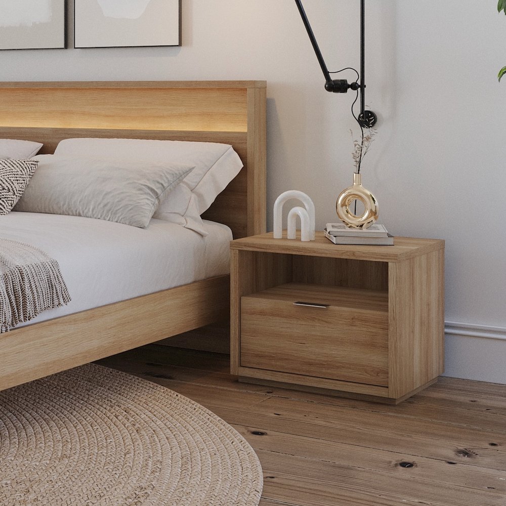 Nightstand With 1-drawers In Brown Oak