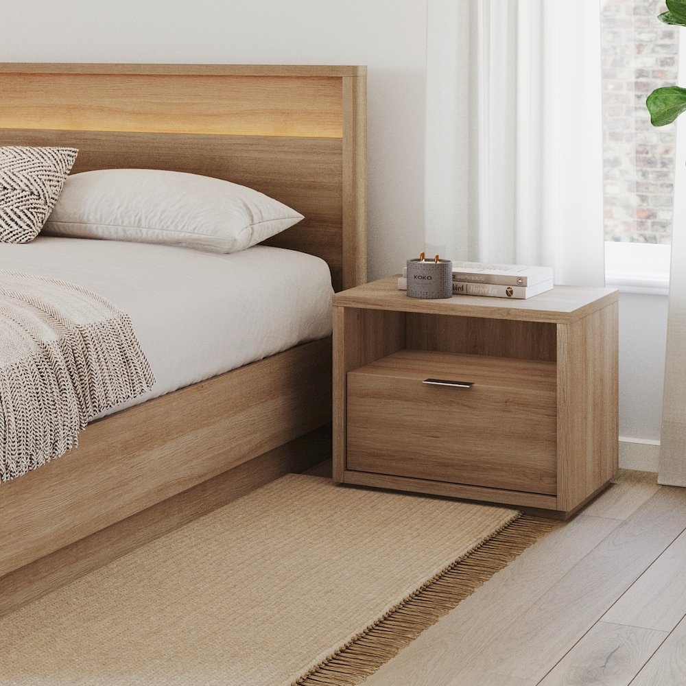 Nightstand With 1-drawers In Brown Oak