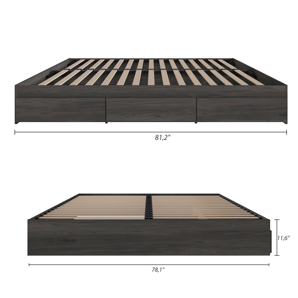 3-Drawer Storage Bed Frame, King, Bark Grey