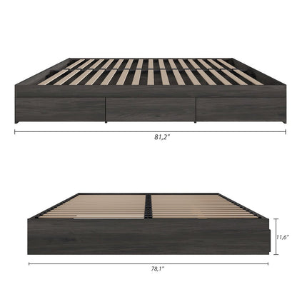 3-Drawer Storage Bed Frame, King, Bark Grey