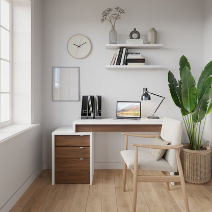 2-Piece Home Office With Desk & 3-Drawer Filling Cabinet, White & Walnut
