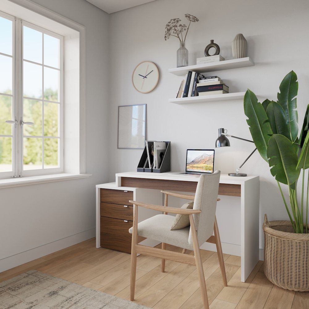 2-Piece Home Office With Desk & 3-Drawer Filling Cabinet, White & Walnut