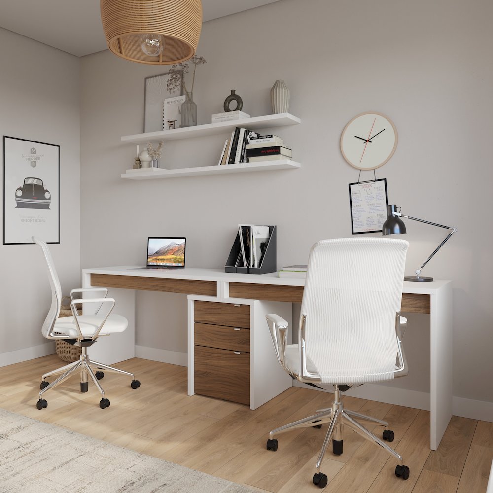 3-Piece Home Office With Multi-Purpose Storage & Desks, White & Walnut