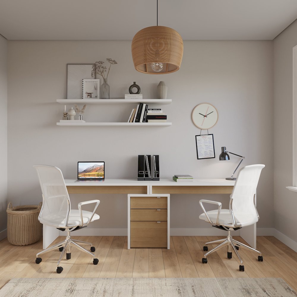 3-Piece Home Office With Multi-Purpose Storage & Desks, White & Natural Maple