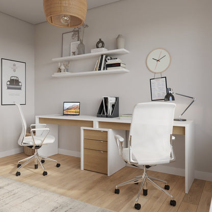 3-Piece Home Office With Multi-Purpose Storage & Desks, White & Natural Maple