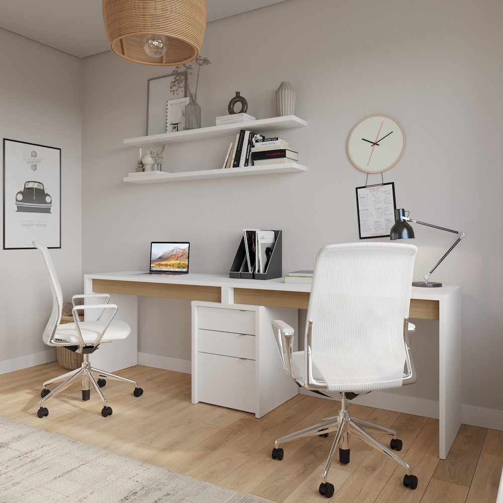 3-Piece Home Office With Multi-Purpose Storage & Desks, White & Natural Maple