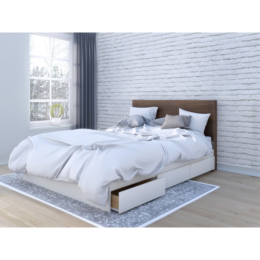 2-Piece Bedset With Bed Frame And Headboard, Queen|White & Walnut