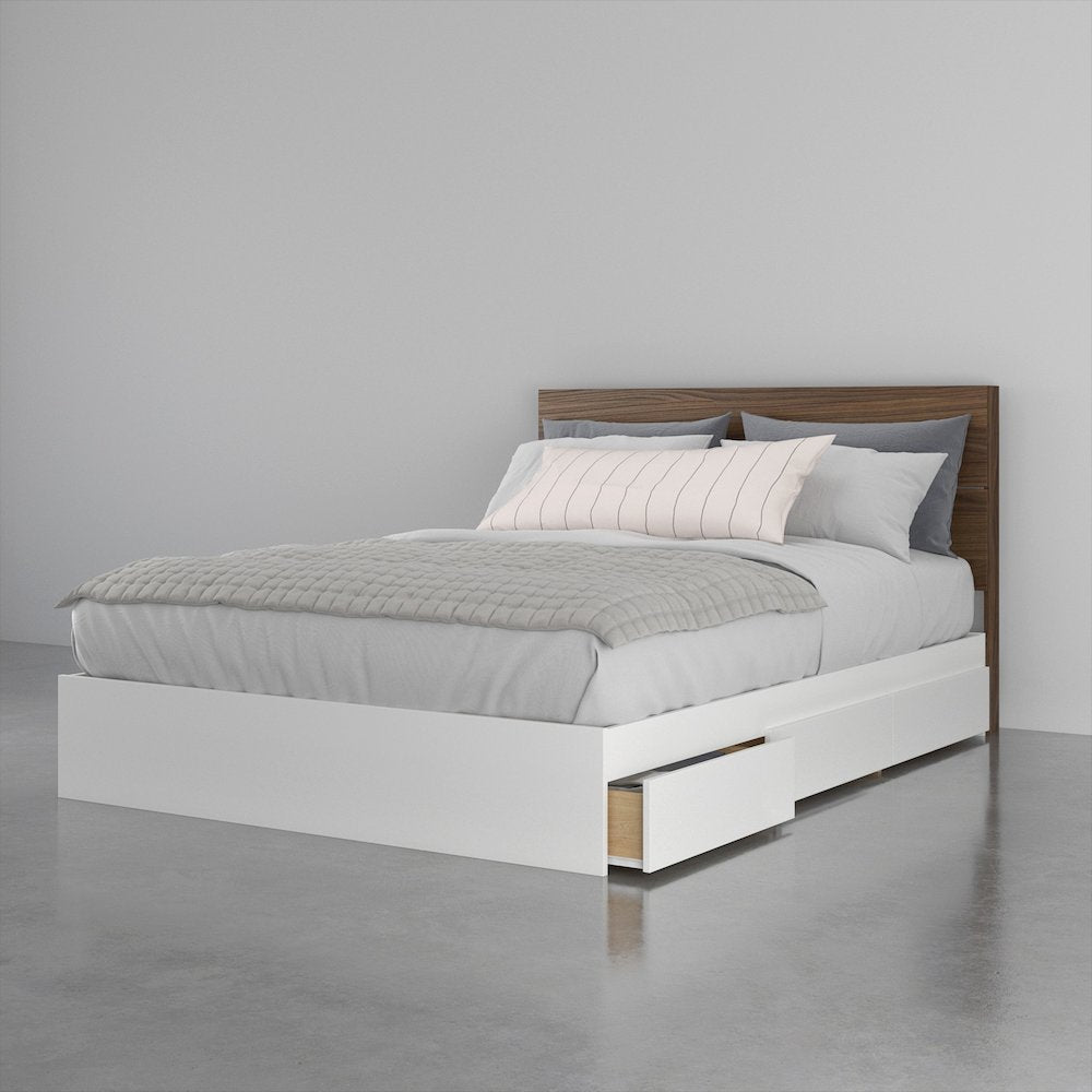 2-Piece Bedset With Bed Frame And Headboard, Queen|White & Walnut