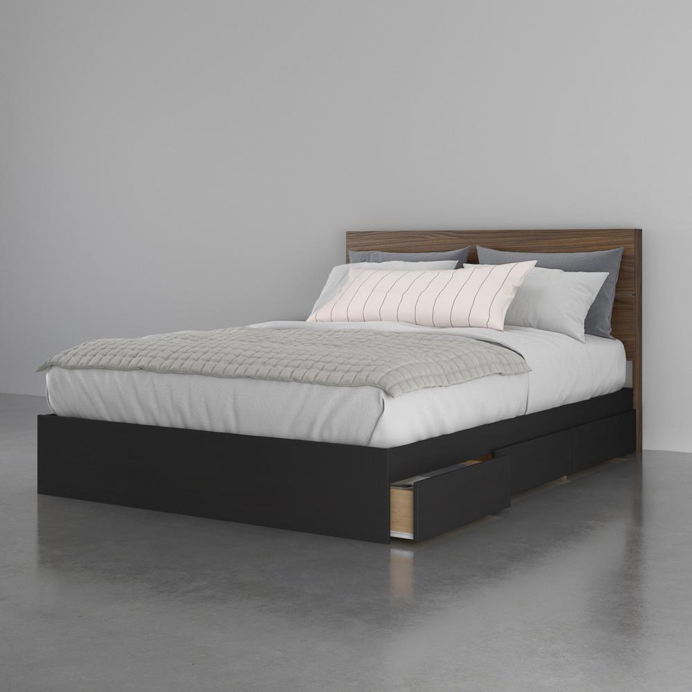 2-Piece Bedset With Bed Frame And Headboard, Queen|Walnut & Black