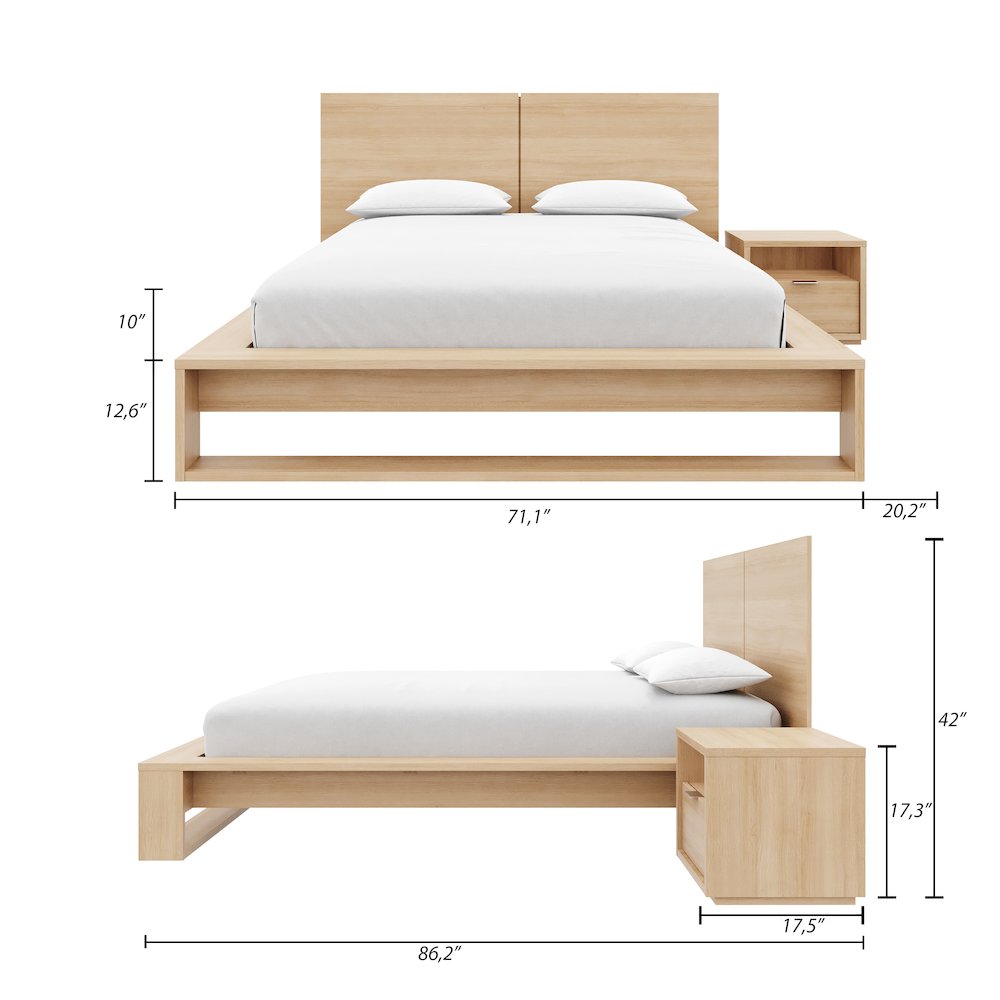 Audrey 3 Piece Bedroom Set with Headboard, Slatted Bedframe, 1 Nightstand