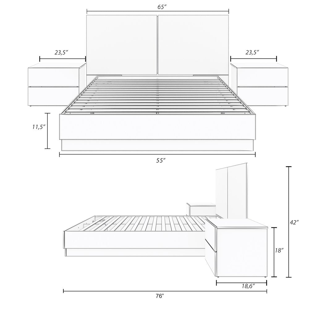 Douglas 4 Piece Bedroom Set with Headboard, Slatted Bedframe, 2 Nightstands