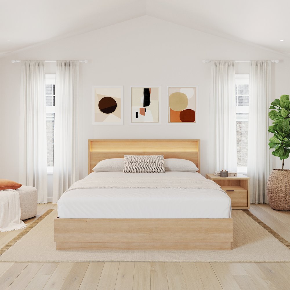 3 Piece Bedroom Set with Slatted Bedframe, Headboard with Integrated Light