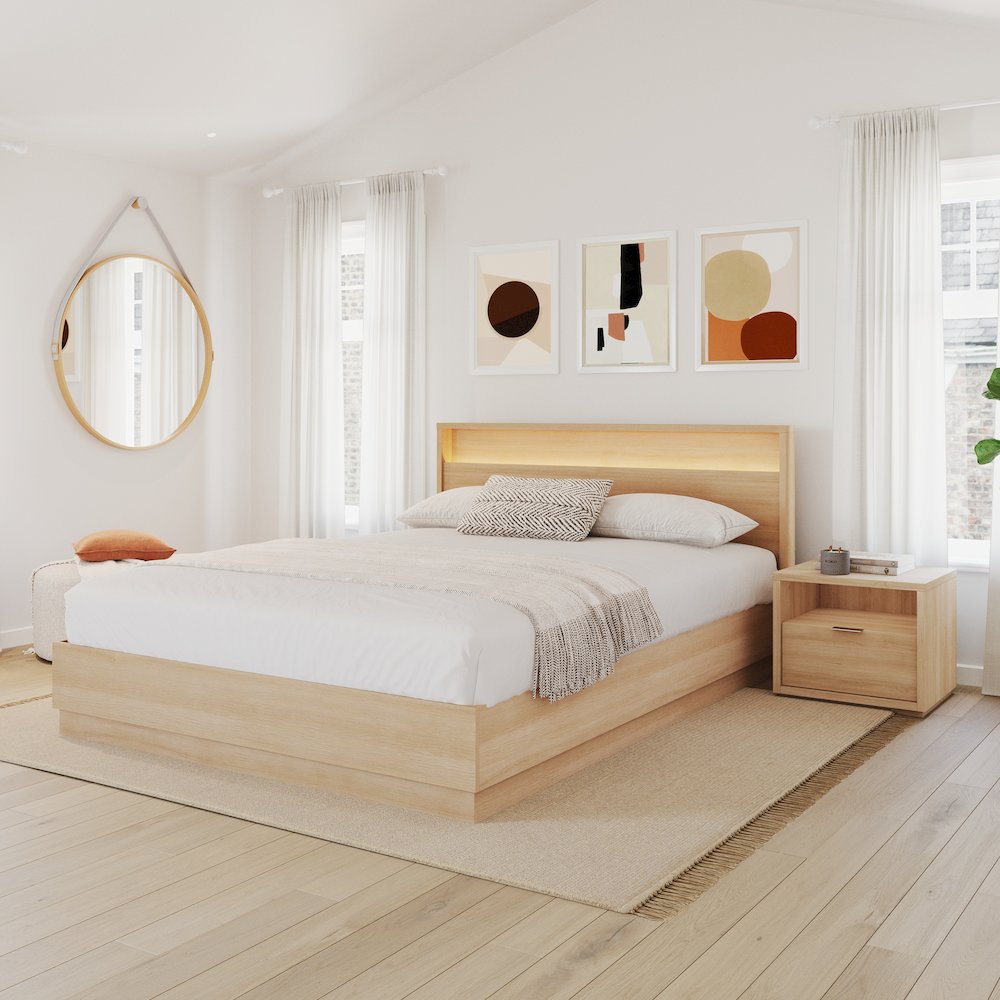 3 Piece Bedroom Set with Slatted Bedframe, Headboard with Integrated Light